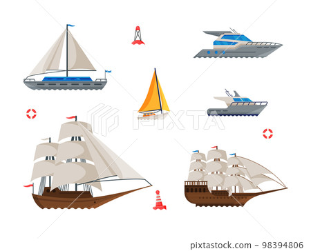 Ship and Motor Boat with Mast and Sails Vector Set 98394806