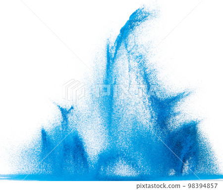 Small size blue Sand flying explosion, Ocean sands grain wave explode. Abstract cloud fly. Blue colored sand splash throwing in Air. White background Isolated high speed shutter, throwing freeze stop 98394857