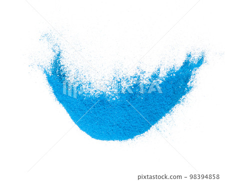 Small size blue Sand flying explosion, Ocean sands grain wave explode. Abstract cloud fly. Blue colored sand splash throwing in Air. White background Isolated high speed shutter, throwing freeze stop 98394858