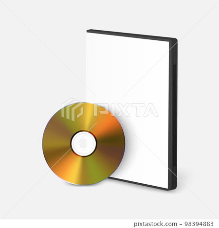 Vector Realistic Yellow CD, DVD with Plastic Rectangular Cover, Envelope, Case Set Isolated on White Background. CD Box, Packaging Design for Mockup. Golden Compact Disk Icon, Front View 98394883