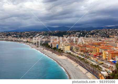 Sandy Beach by Historic City of Nice, France. Castle Hill Sandy Beach by Historic City of Nice, France. Castle Hill 98395000