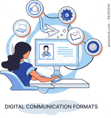 Digital communication formats, content with online data and social media streaming using computer Digital communication formats, content with online data and social media streaming using computer 98395048
