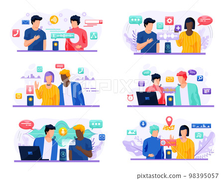 Voice assistant. Smart speaker virtual assistant, sound robot, people using voice controlled smart speaker 98395057