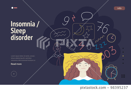 Mental disorders web template. Insomnia, sleep disorder - modern flat vector illustration of a woman meeting with a sleep disorder trying to fall asleep. People emotional, psychological, mental 98395237