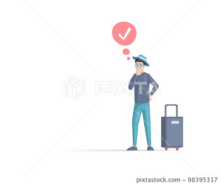 Making confusion. Doubts person with suitcase with question mark. Interrogative dilemma situations 98395317