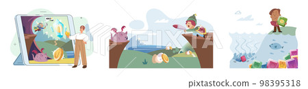 Cyber cartoon characters playing games to earn cryptocurrencies, trying to find money and power ups 98395318