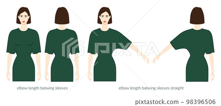 Batwing sleeves elbow length clothes character beautiful lady in emerald top, shirt dress technical fashion illustration Batwing sleeves elbow length clothes character beautiful lady in emerald top, shirt dress technical fashion illustration 98396506