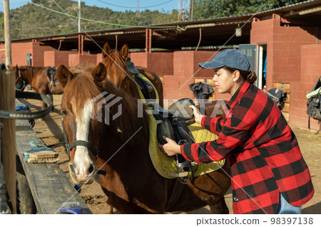 Portrait of positive young female worker in plaid shirt standing close to saddled horse in countryside club 98397138