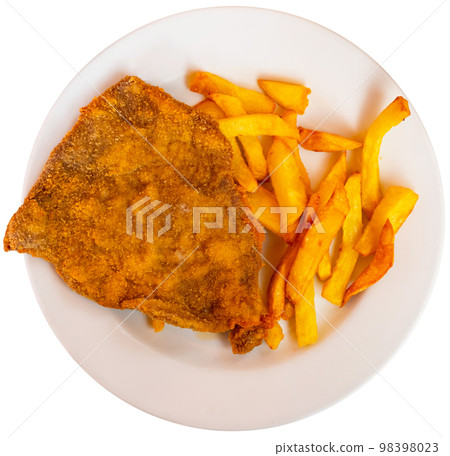 Appetizing breaded beef served with fried potato Appetizing breaded beef served with fried potato 98398023