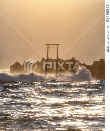 Iwaki City, Fukushima Prefecture: A morning on Bentenjima Island on Hatate Beach with turbulent waves 98398238
