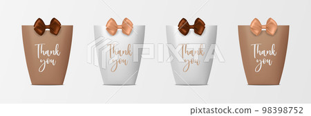 Vector 3d Realistic Brown and White Paper Gift Bag, Box for Birthday or Party with Brown and Beige Silk Bow, Ribbon. Carry Bag for Present Icon Set Isolated on White Background 98398752