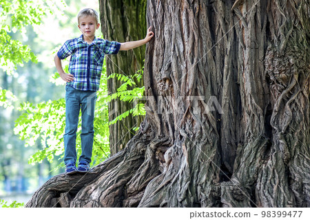 Little boy standing beside a big stump of an old tree. Happy child playing in beautiful summer park on warm sunny day. Little boy standing beside a big stump of an old tree. Happy child playing in beautiful summer park on warm sunny day. 98399477