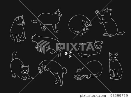 Black background and white line drawing illustration set of cats 98399759
