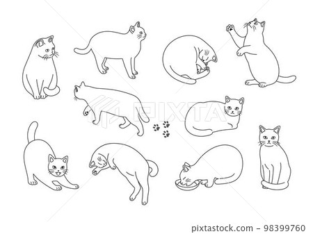 Simple line drawing illustration set of fashionable cats Simple line drawing illustration set of fashionable cats 98399760