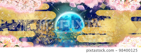 A blue full moon sinking on the sea surface reflecting the starry night sky, a fantastic cherry blossom blizzard with falling cherry blossom petals, and a background illustration of Japanese-style gold leaf clouds 98400125