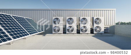 3d rendering of solar panel, condenser unit on rooftop. 3d rendering of solar panel, condenser unit on rooftop. 98400532