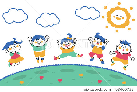 孩子們在外面歡快跳躍的插圖素材 98400735