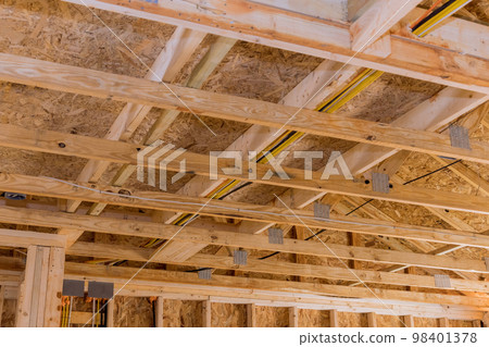 During construction of house, unfinished wood framing beams are used to frame walls 98401378