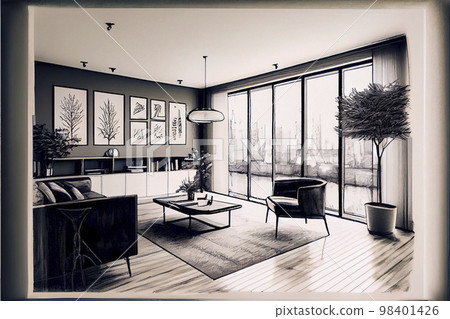 Image material: Rough sketch art of a modern living room Image material: Rough sketch art of a modern living room 98401426