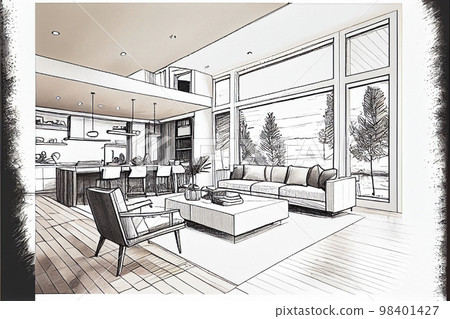 Image material: Rough sketch art of a modern living room 98401427