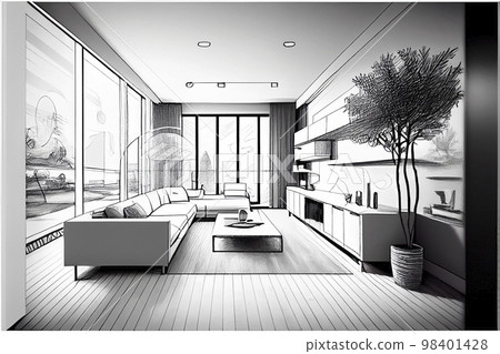 Image material: Rough sketch art of a modern living room 98401428
