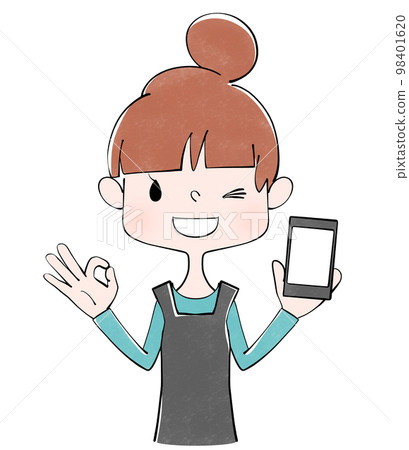 Illustration of a housewife holding a smartphone and giving an OK sign Illustration of a housewife holding a smartphone and giving an OK sign 98401620