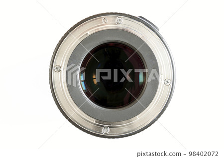 Camera photo lens close-up on white background with lense reflections. 98402072