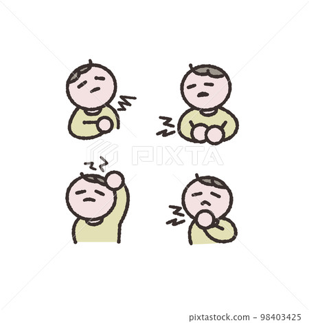 Illustration of a person with pain symptoms such as abdominal pain, headache, sore throat Illustration of a person with pain symptoms such as abdominal pain, headache, sore throat 98403425