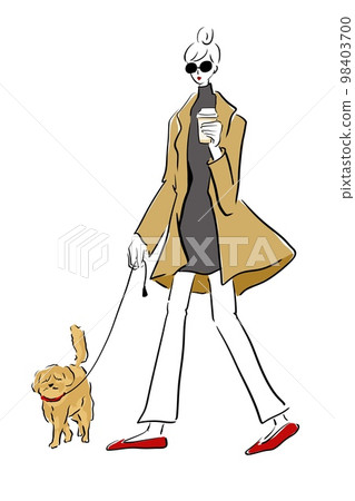 Parisienne girl dog walk coffee 98403700