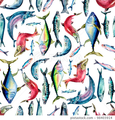 Different sea fishes seamless pattern watercolor illustration isolated on white. 98403914