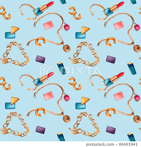 Femal accessories with chain, rouge watercolor seamless pattern isolated on azure 98403941