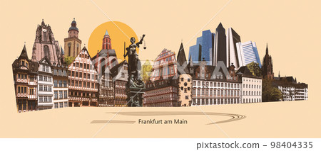Landmarks collage of the city of Frankfurt am Main, Germany - contemporary creative retro art collage or design - travel concept 98404335