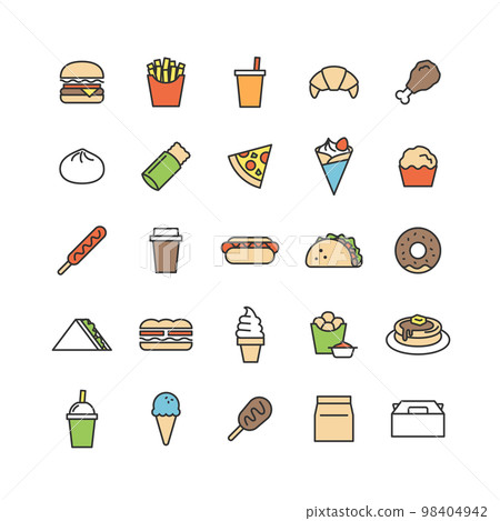 Fast food line drawing icon set (with colors) 98404942