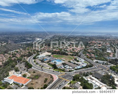 Aerial view of over La Jolla Hills, San Diego, California, USA 98404977