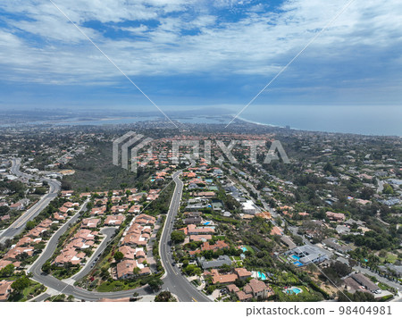 Aerial view of over La Jolla Hills, San Diego, California, USA 98404981
