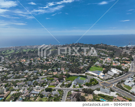 Aerial view of over La Jolla Hills, San Diego, California, USA 98404993