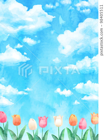 水彩藍天和郁金香田的矢量圖解背景 98405511