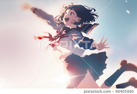 在藍天下跳躍的女高中生「AI 生成影像」 98405880