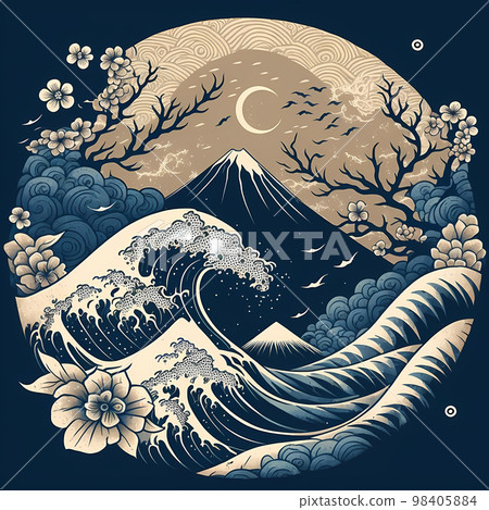 【真作】絵画　日本画（色紙）　断崖と波　自然の力強さを描いた風景画　V6 Japanese painting Rough waves of the Sea of - Stock