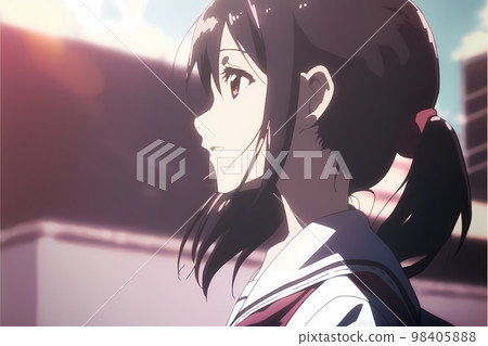 Female student with profile, long black hair, anime-style illustration "AI-generated image" 98405888