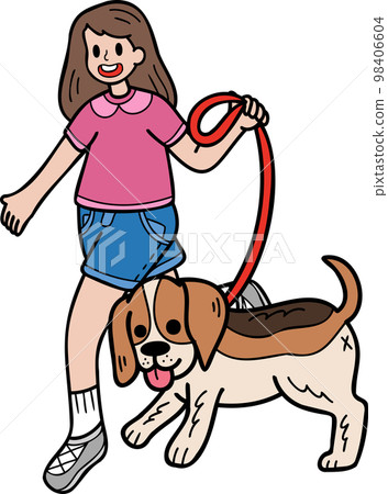 Hand Drawn Beagle Dog walking with owner illustration in doodle style Hand Drawn Beagle Dog walking with owner illustration in doodle style 98406604