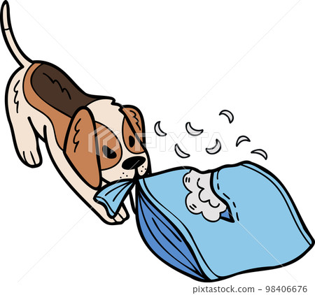 Hand Drawn Beagle Dog biting pillow illustration in doodle style Hand Drawn Beagle Dog biting pillow illustration in doodle style 98406676
