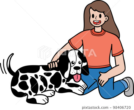 Hand Drawn Dalmatian Dog hugged by owner illustration in doodle style 98406720