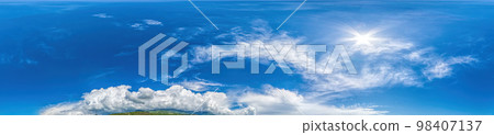 Blue sky with light clouds Seamless panorama in spherical equirectangular format with complete zenith for use in 3D graphics, game and for composites in aerial drone 360 degree panoramas as a sky dome Blue sky with light clouds Seamless panorama in spherical equirectangular format with complete zenith for use in 3D graphics, game and for composites in aerial drone 360 degree panoramas as a sky dome 98407137