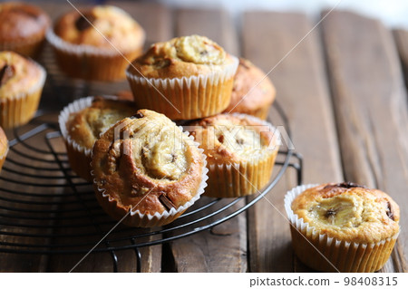 Homemade moist chocolate banana muffins - baked goods 98408315