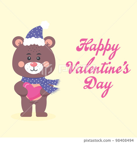 Cute teddy bear in a scarf and hat holding a heart. Happy Valentine's day. Greeting card. Cute teddy bear in a scarf and hat holding a heart. Happy Valentine's day. Greeting card. 98408494