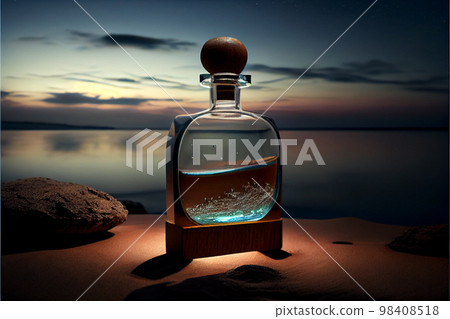 transparent spray bottle of perfume close up backdrop of sea at night. Presentation of unisex perfumes in sea environment. 98408518