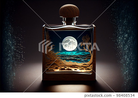 transparent spray bottle of perfume close up backdrop of sea at night. Presentation of unisex perfumes in sea environment. transparent spray bottle of perfume close up backdrop of sea at night. Presentation of unisex perfumes in sea environment. 98408534
