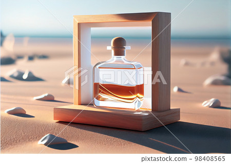 transparent spray bottle of perfume close up backdrop of sea in sun. Presentation of unisex perfumes in sea environment. 98408565