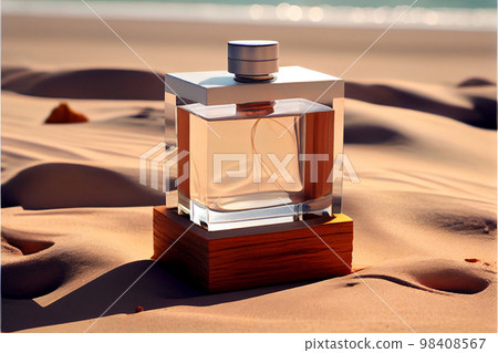 transparent spray bottle of perfume close up backdrop of sea in sun. Presentation of unisex perfumes in sea environment. 98408567
